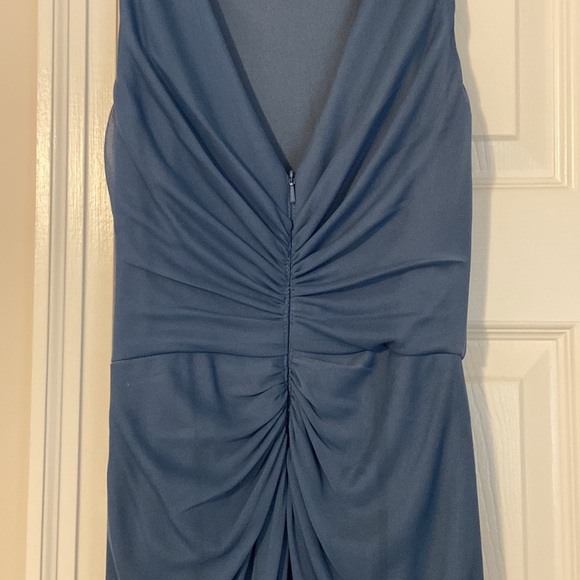 Steel Blue David’s Bridal High-Neck Ruched Mesh Bridesmaid Dress - Picture 7 of 16
